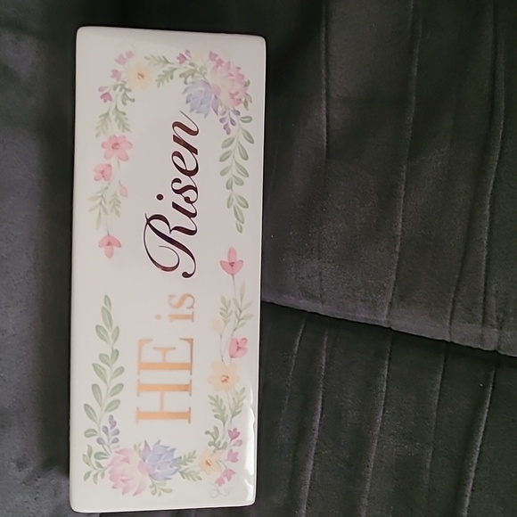 Happy Easter He Is Risen Glass Ceramic Rectangle Cube Sign Pink Purple Yellow - Picture 2 of 7